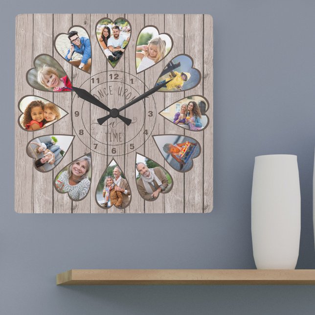 Once Upon a Time 12 Heart Shaped Photos Ash Wood Square Wall Clock (Photo clock with 12 heart shaped photos. Unusual design for your home and a thoughtful photo gift.)