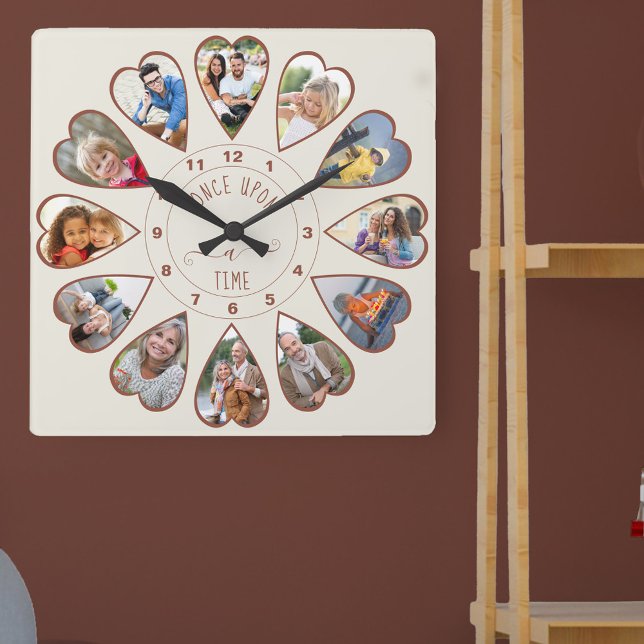 Once Upon a Time 12 Heart Shaped Photos Cream Rust Square Wall Clock (Photo clock with 12 heart shaped photos. Unusual design for your home and a thoughtful photo gift.)