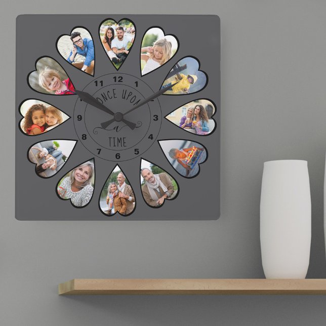 Once Upon a Time 12 Heart Shaped Photos Dark Grey Square Wall Clock (Photo clock with 12 heart shaped photos. Unusual design for your home and a thoughtful photo gift.)