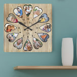 Once Upon a Time 12 Heart Shaped Photos Pine<br><div class="desc">Create your own multi photo clock to tell your story - the centre of the clock face is lettered with "Once upon a time" in handwritten typography. Use the photo template to add 12 of your favourite photos, which will be displayed in heart shaped frames. The design uses portrait vertical...</div>