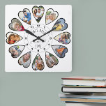 Once Upon a Time 12 Heart Shaped Photos White Square Wall Clock<br><div class="desc">Create your own multi photo clock to tell your story - the centre of the clock face is lettered with "Once upon a time" in handwritten typography. Use the photo template to add 12 of your favourite photos, which will be displayed in heart shaped frames. The design uses portrait vertical...</div>