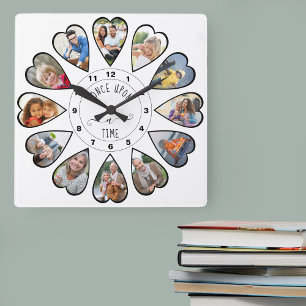 Once Upon a Time 12 Heart Shaped Photos White Square Wall Clock