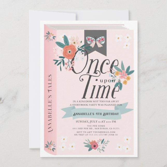 Once Upon a Time Pink Floral Girl Birthday Invitation (Front)