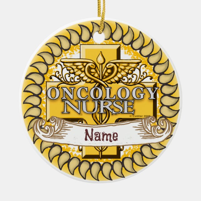 Oncology Nurse Caduceus Ceramic Tree Decoration (Front)