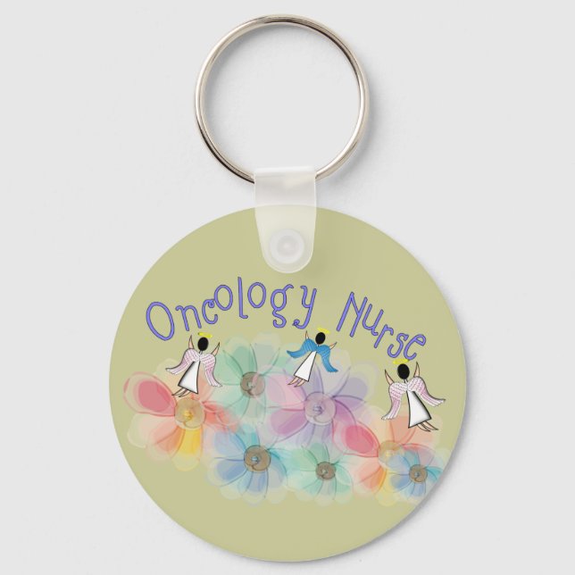 Oncology Nurse Whispy Angels & Flowers Design Key Ring (Front)