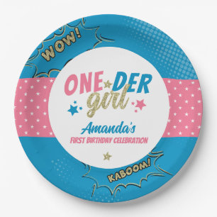 Onder Girl Pink and Blue First Birthday Paper Plate