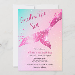 Onder the Sea Mermaid Baby Girl 1st Birthday  Invitation