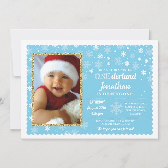 Onderland Winter Blue Snowflakes Photo Wonderland Invitation (Front)