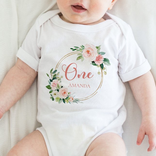 One, 1st Birthday Baby GIrl Blush Pink Floral  Baby Bodysuit (Creator Uploaded)