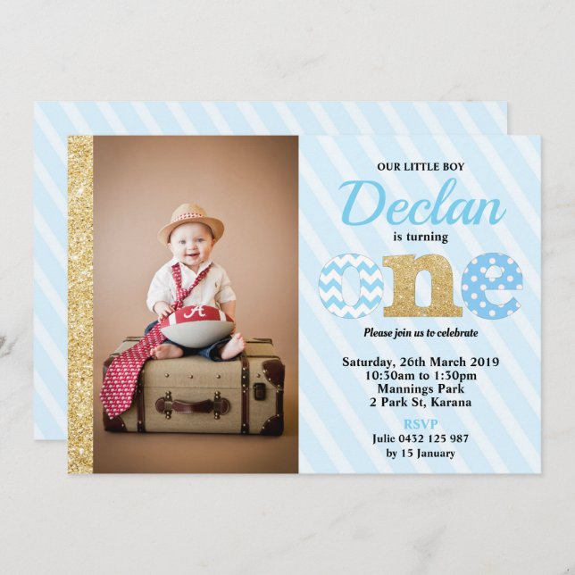 ONE 1st Birthday Party Invitations Boys Blue Gold (Front/Back)