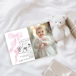 One 1st Birthday Pink Bow Girls Photo Invitation