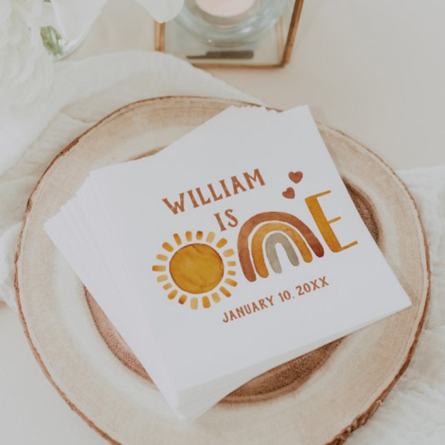 One  1st Birthday Watercolor Boho Rainbow and Sun  Napkin (Creator Uploaded)