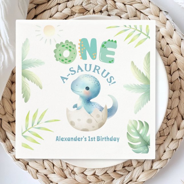 One A-Saurus Boy Dinosaur 1st Birthday Paper Napkin (Creator Uploaded)