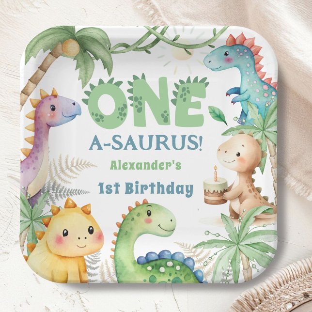 One A-Saurus Boy Dinosaur 1st Birthday Paper Plate (Creator Uploaded)