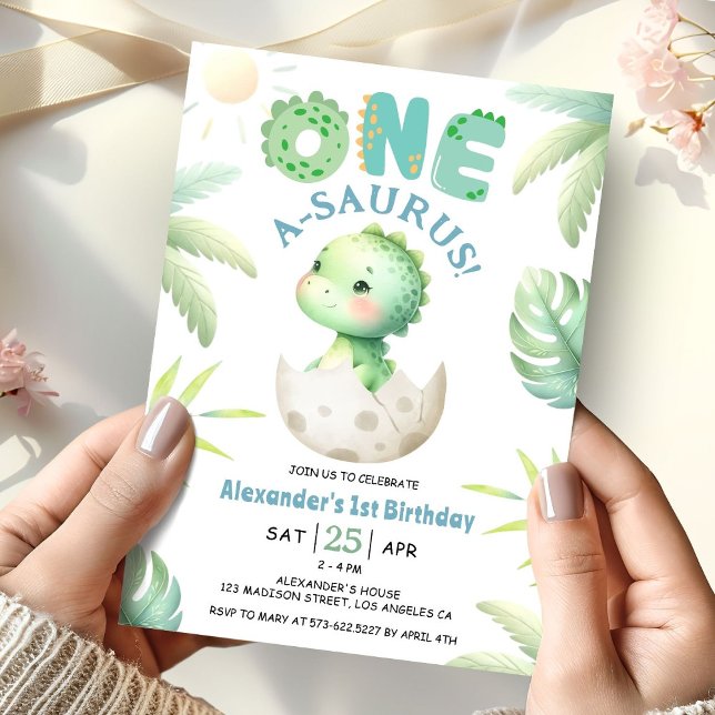 One A-Saurus Cute Dinosaur 1st Birthday Invitation (Creator Uploaded)