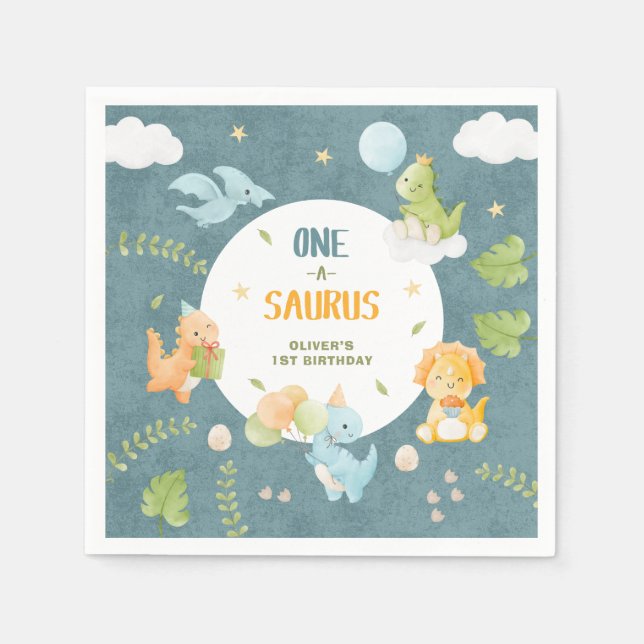 One-A-Saurus Dinosaur 1st Birthday Party Napkin (Front)