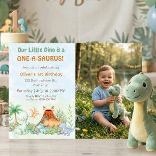 One-A-Saurus Dinosaur 1st Birthday Photo Invitation