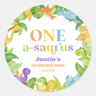 One A-Saurus Dinosaur 1st First Birthday Party Classic Round Sticker