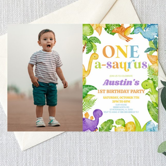 One A-Saurus Dinosaur 1st First Birthday Party Invitation (Creator Uploaded)