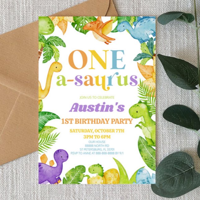One A-Saurus Dinosaur 1st First Birthday Party Invitation (Creator Uploaded)