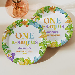 One A-Saurus Dinosaur 1st First Birthday Party Paper Plate