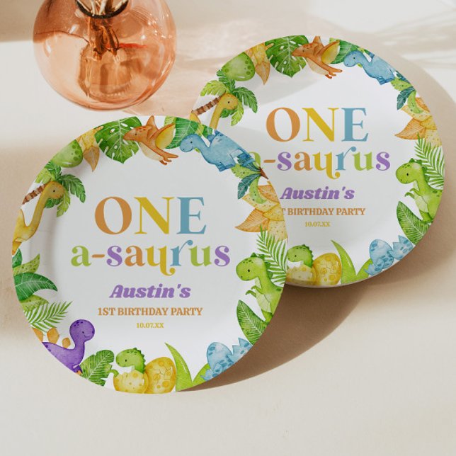 One A-Saurus Dinosaur 1st First Birthday Party Paper Plate (Creator Uploaded)
