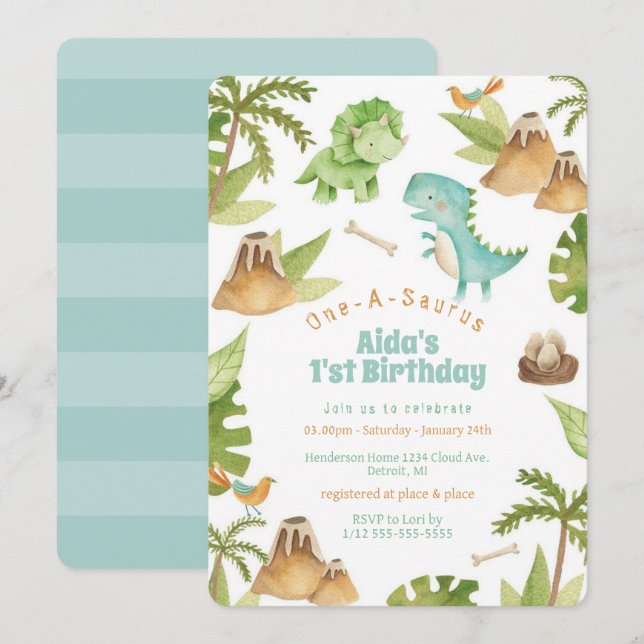One-A-Saurus dinosaur birthday invitation (Front/Back)