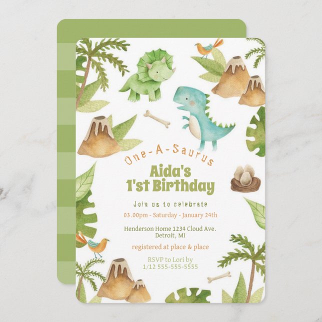 One-A-Saurus dinosaur birthday invitation (Front/Back)