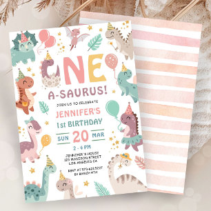 One A Saurus Dinosaur Girl 1st Birthday Invitation