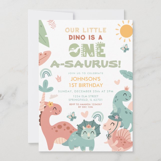 One A-saurus Dinosaur Kid's 1st Birthday Party Invitation (Front)