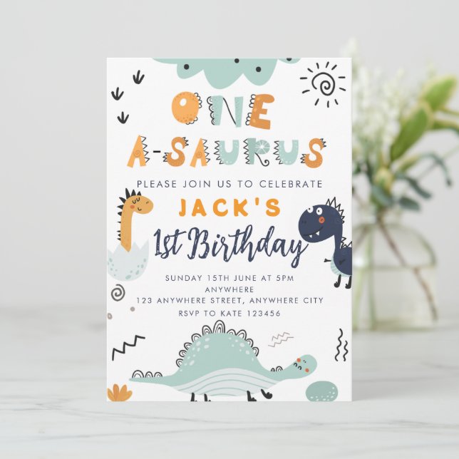 One A - Saurus Kids 1st Birthday Party Invitation (Standing Front)