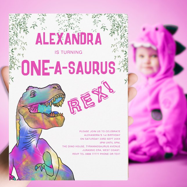 One-A-Saurus Pink Dinosaur 1st Birthday Party Invitation (One-a-saurus Rex girls dinosaur 1st birthday party pink invitation )