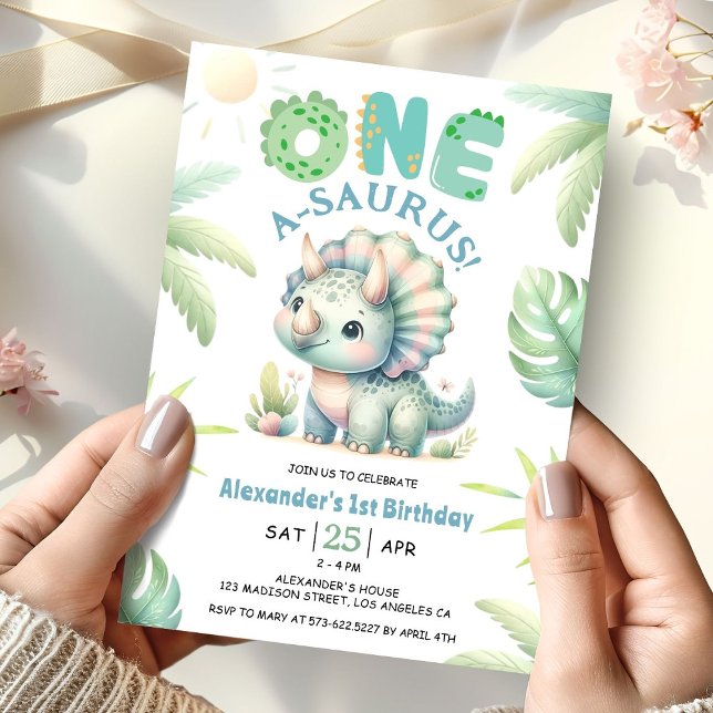 One A-Saurus Triceratops Dinosaur 1st Birthday Invitation (Creator Uploaded)