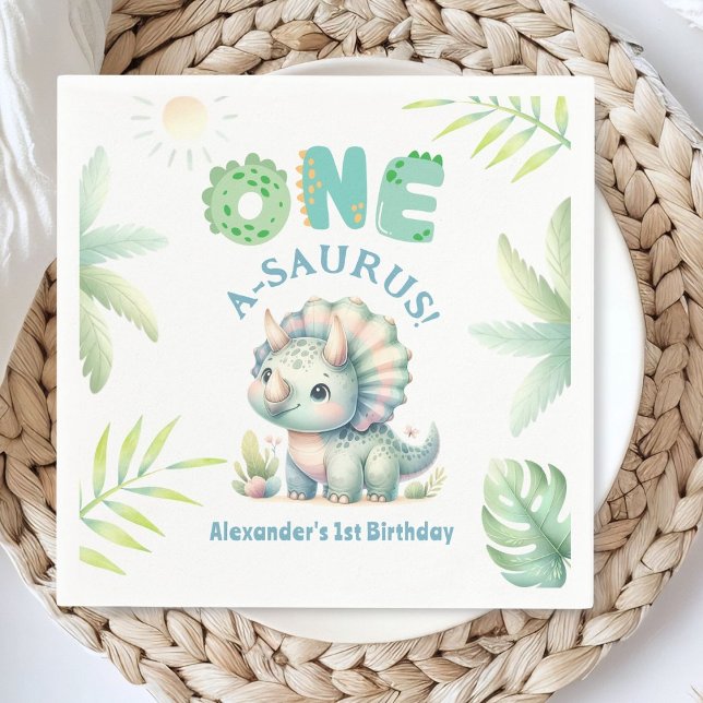 One A-Saurus Triceratops Dinosaur 1st Birthday Napkin (Creator Uploaded)