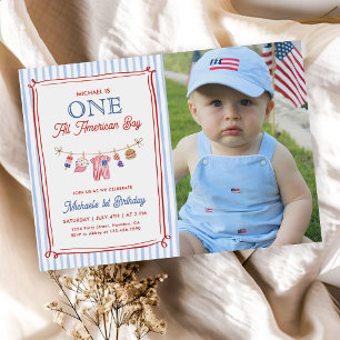 One All American Boy 4th of July Birthday Photo Invitation