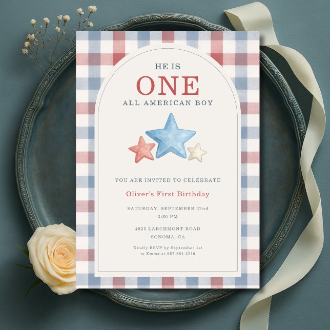 One All American Boy Gingham 1st Birthday Invitation (Creator Uploaded)