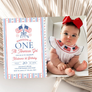 One All American Girl 4th of July Birthday Photo Invitation