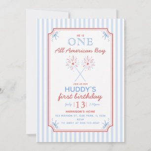 One All American Girl 4th of July Boy 1st Birthday Invitation