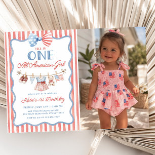 One All American Girl Patriotic 1st Birthday Photo Invitation