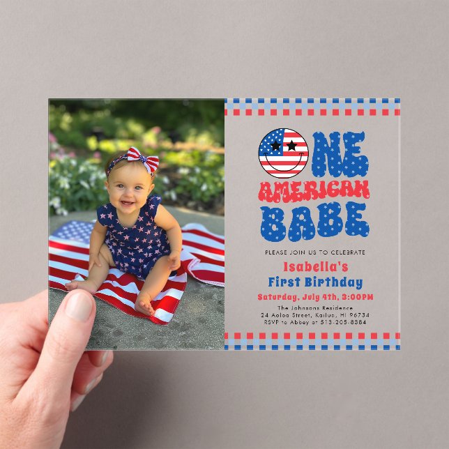 One American Babe 4th Of July Photo First Birthday Acrylic Invitations (Insitu (Handheld))