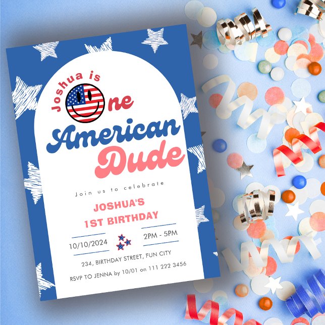 One American Dude 4th of July 1st Birthday Invitation (One American Dude 4th of JUly 1st Birthday Invitation)