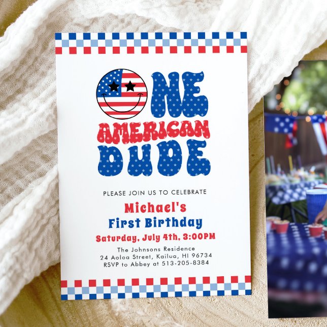One American Dude 4th Of July First Birthday Invitation (Watercolor One American Dude 4th Of July First Birthday Invitation)