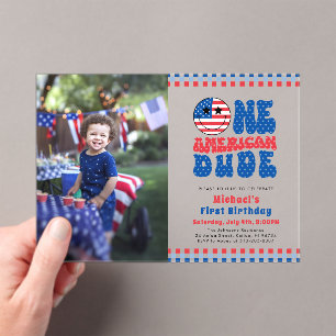 One American Dude 4th Of July Photo First Birthday Acrylic Invitations