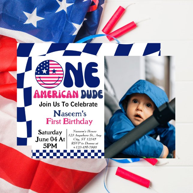 One American Dude Boy 1st Birthday Photo  Invitation (Creator Uploaded)