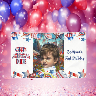 One American Dude Red White Blue Birthday Photo Banner