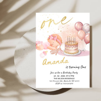 ONE Baby Girl 1st Birthday - First Birthday Party Invitation