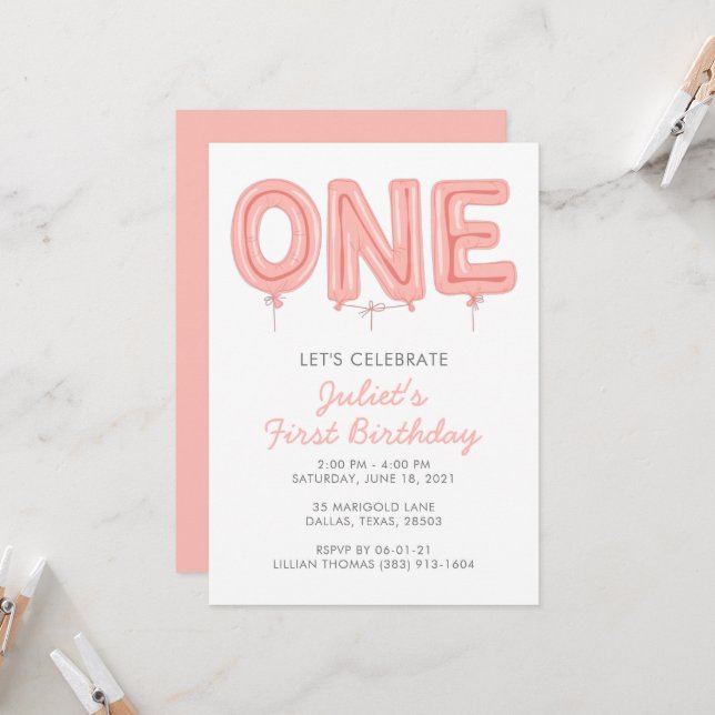 ONE Balloon, First Birthday Girl Invitation (Front/Back In Situ)