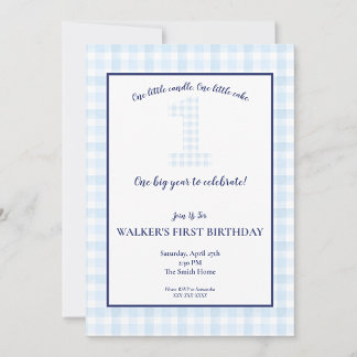 ONE Big Year - Classic Blue Gingham Birthday Invit Invitation