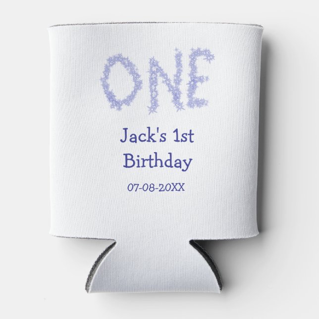 One blue glitter boy modern 1st birthday  can cooler (Front)
