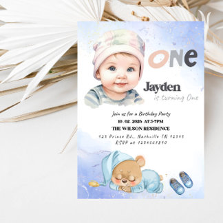ONE Boy 1st Birthday Party-Minimal First Birthday  Invitation